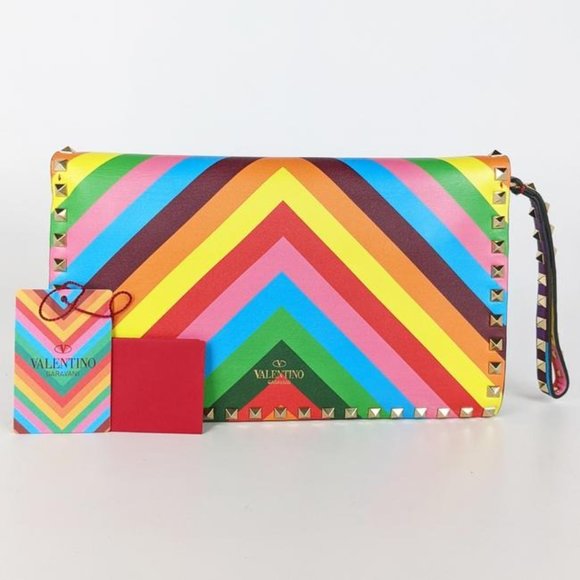 SOLD Valentino Foldover Large Rockstud Wristlet Rainbow 1973 Leather Clutch - Picture 2 of 8